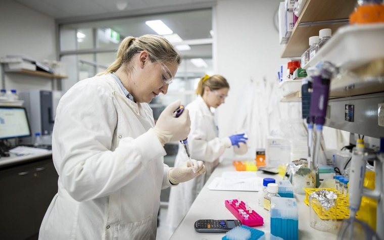 NBF scientist pipetting samples at the bench during protein quality testing